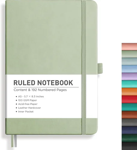Vista 55 de RETTACY Cuaderno de diario con puntos y viñetas, 192 páginas, tamaño mediano A5 (5.7" x 8.3"), tapa dura de cuero, papel grueso de 100 gsm