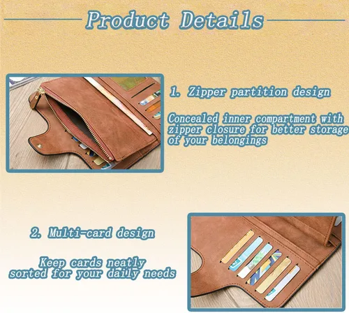 Vista 5 de DTSFHTDAL Billetera para mujer, monedero esmerilado para mujer, multifuncional, larga, tarjetero, bolsa de viaje con cartera larga, Marrón, Vintage