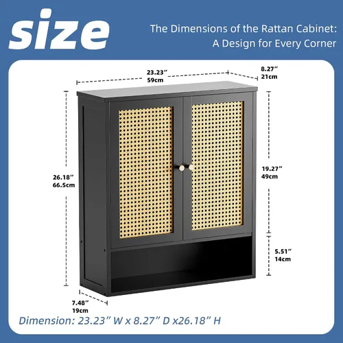 Vista 3 de HITNET Gabinete de baño montado en la pared, gabinete colgante de ratán, gabinete de pared de baño que ahorra espacio con 2 puertas y estantes Negro