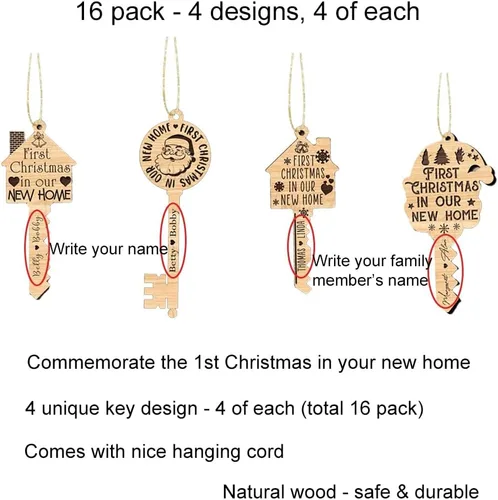 Vista 2 de Paquete de 16 adornos para llaves de «Our First Christmas in Our New Home», juego de adornos para árbol de Navidad, decoración colgante de árbol