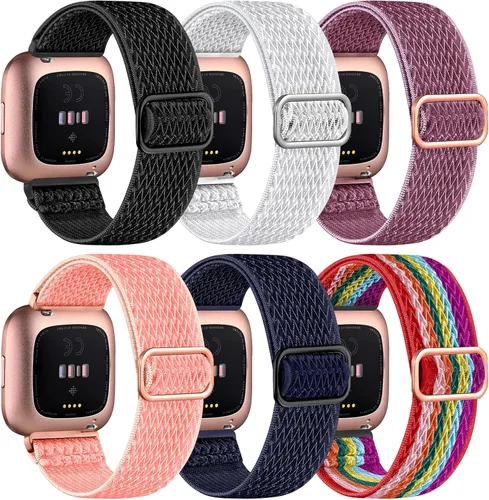 Vista 13 de Paquete de 8 bandas elásticas compatibles con Fitbit Versa 2/Lite/SE para mujeres y hombres, correa trenzada de nailon elástico ajustable Solo Loop