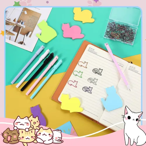 Vista 7 de Nezyo Paquete de 42 artículos de papelería para gatos, suministros de oficina, 6 colores lindos gatos, notas adhesivas, 30 clips de papel