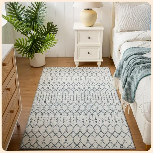 Vista 362 de Istana Alfombra larga antideslizante de 2.5 x 8 para el hogar, para pasillo y cocina, lavable, sedosa y suave al tacto, elegante, color azul y marfil