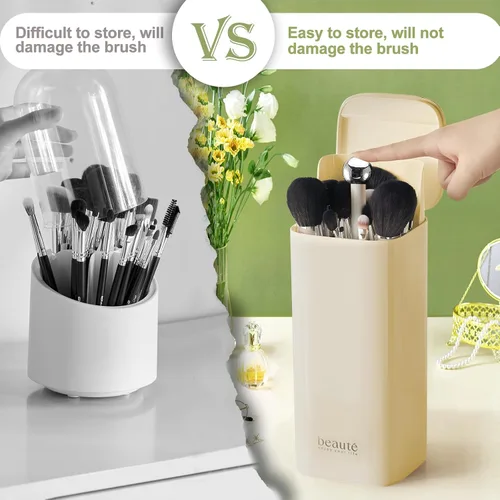 Vista 4 de DASITON Soporte para brochas de maquillaje con tapa, organizador de brochas de maquillaje de 4 ranuras, organizador de cosméticos de maquillaje