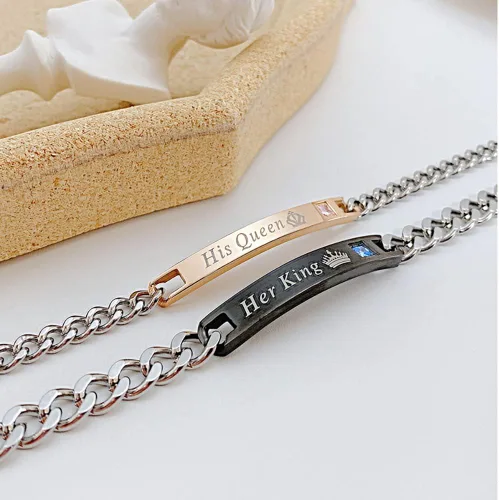 Vista 4 de MYNENEY Regalo para amante, su reina y su rey, pulseras de acero inoxidable para parejas, para mujeres y hombres, juego de joyas a juego