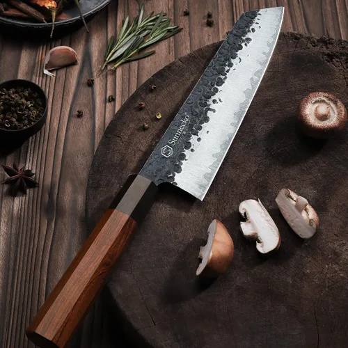 Vista 2 de Sunnecko Cuchillo de chef japonés de 8 pulgadas, cuchillo de chef con mango de madera, cuchillo de cocinero de acero de alto carbono, cuchillo Gyuto