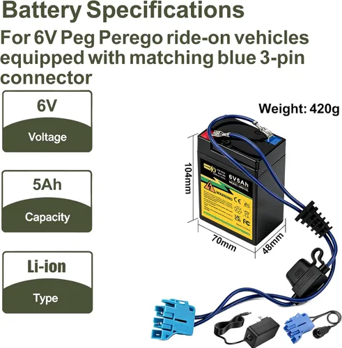 Vista 2 de Batería de repuesto de 6V 5Ah para Peg Perego 3-Pin conector niños paseo