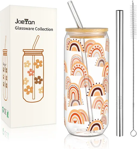 Vista 9 de Joeyan Vasos de vidrio de margaritas de 20 onzas con tapas y popotes de bambú, vasos bohemios para beber cerveza, lindo vaso de café helado