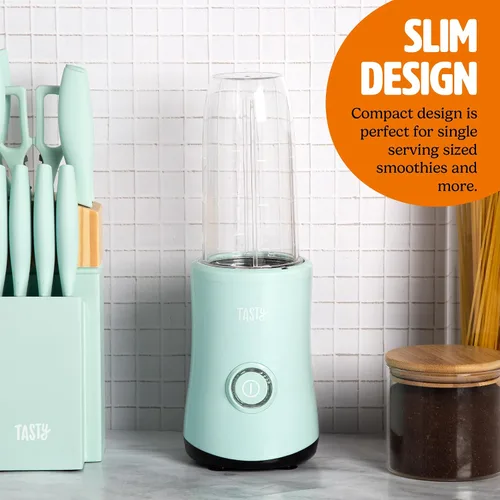 Vista 4 de Tasty Licuadora personal con taza, potente motor de mezcla de 350 W, juego de 9 piezas con 4 tazas y tapa de viaje, compacta y portátil, aguamarina
