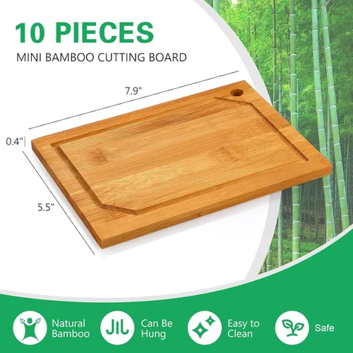 Vista 2 de Paquete de 10 mini tablas de cortar, 7.9 x 5.5 x 0.4 pulgadas, estilo de ranura de jugo Charcuterie Bamboo Appetizer Serving Boards for Weddings