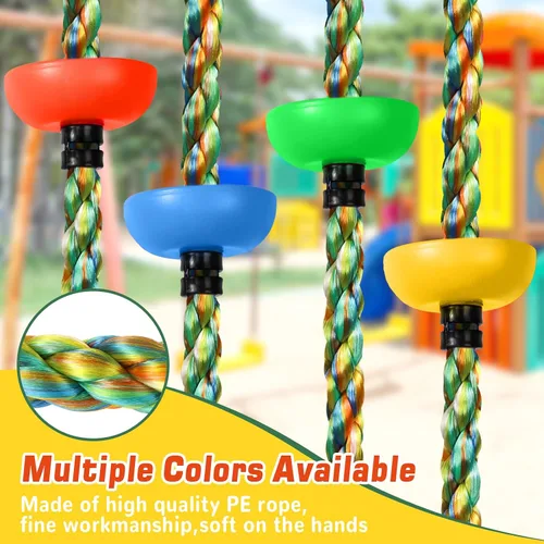 Vista 6 de Columpio de árbol para niños, juego de cuerda de escalada de asiento de un solo disco resistente con correa para colgar y mosquetones de plataforma