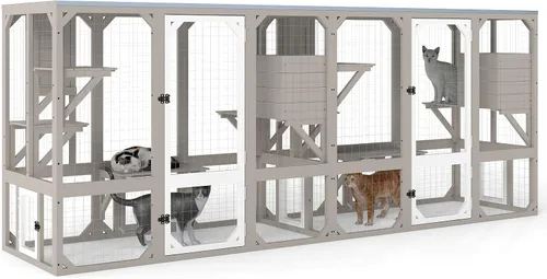 Vista 8 de Gowoodhut Recinto Exterior para Gatos Catio de 69.9"L para Múltiples Gatos, Refugio de Madera Walk In para Gatos con 2 Cajas de Descanso, 6