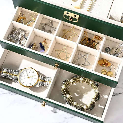 Vista 6 de Organizador de joyas con cuero sintético, joyero para mujer, caja de joyería grande con cerradura y llave, almacenamiento de aretes de collar, cajas