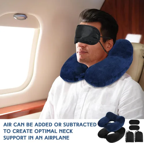 Vista 5 de Sintuff Paquete de 2 Almohadas de Viaje Inflables para Aviones Almohadas de Vuelo Inflables para el Cuello con Bolsa Compacta y Antifaz para Viajar