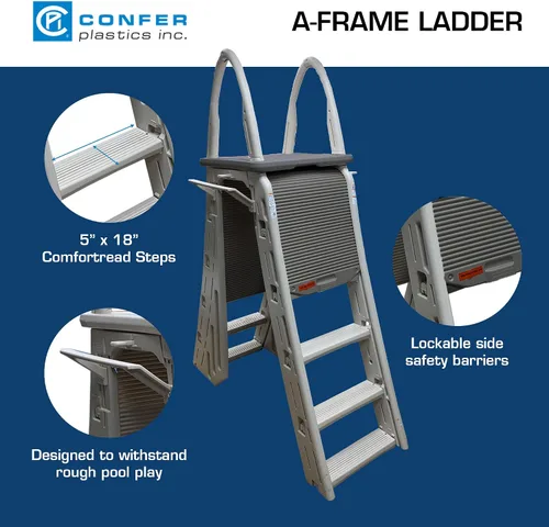Vista 5 de Confer Plastics 7200 Roll Guard Escalera de Plataforma Ajustable de 48" a 56" con Marco en A de Seguridad para Piscinas Elevadas de Patio al Aire