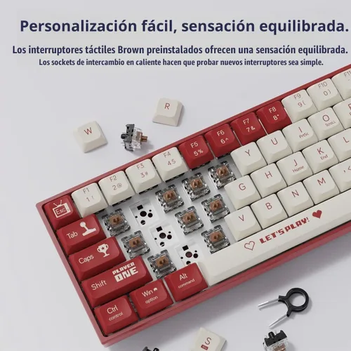 Vista 4 de AK680 - Teclado mecánico compacto con cable, diseño rojo y blanco, 68 teclas, interruptor táctil marrón intercambiable en caliente, teclado