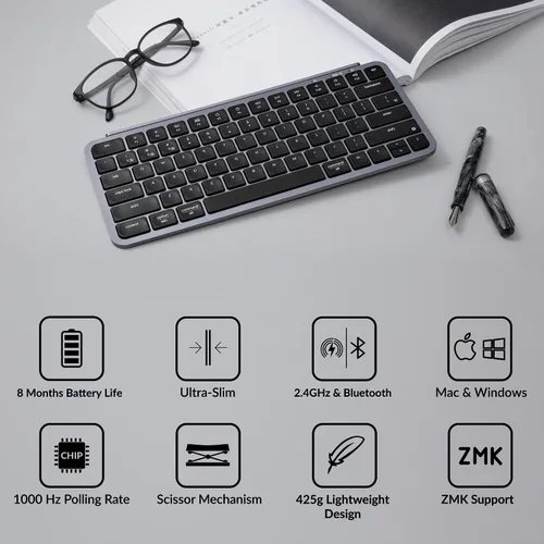 Vista 3 de Keychron Teclado inalámbrico ultradelgado B1 Pro, ZMK/Lanzador programable Bluetooth/2.4GHz/cableado, batería de 1200 horas, interruptor de tijera