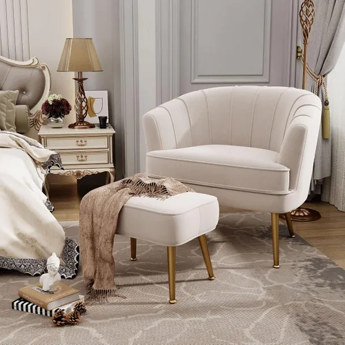 Vista 4 de Andeworld Silla decorativa de terciopelo con otomana, sillón de barril Beige