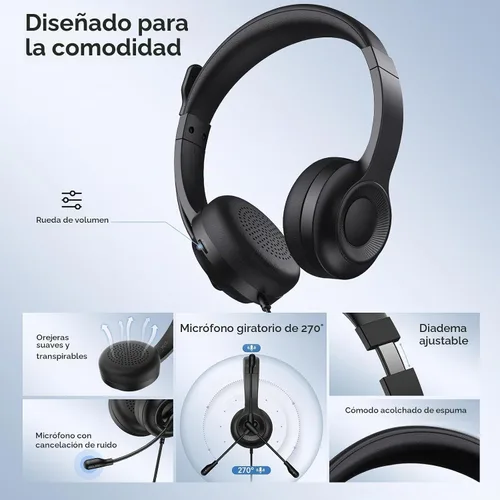 Vista 7 de AOC Auriculares USB con micrófono para PC, auriculares con cable