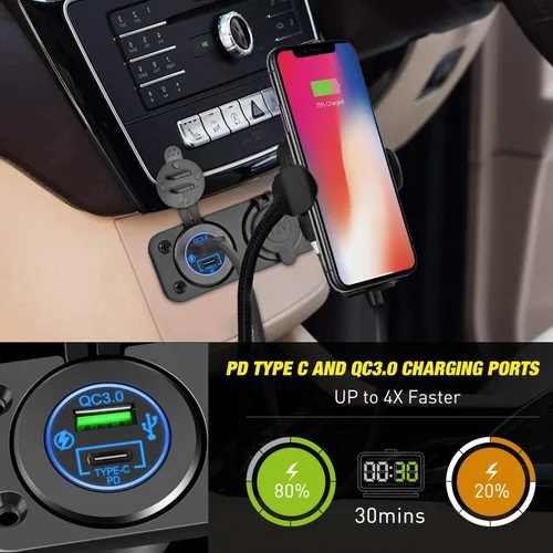 Vista 5 de Nilight QC 3.0 Cargador USB y Enchufe de Encendedor de Cigarrillos Precableado 12V-24V para Coches y Camiones Dual USB Outlets Panel Pre-Wired