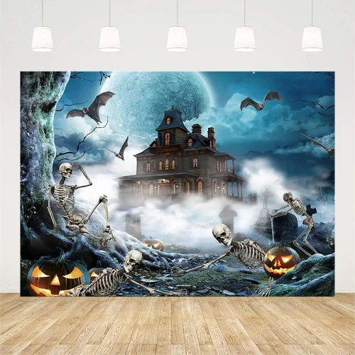 Vista 2 de SENDY Telón de fondo de Halloween de 7 x 5 pies, decoración de fiesta de Halloween azul, suministros para niños, cráneo, cementerio aterrador