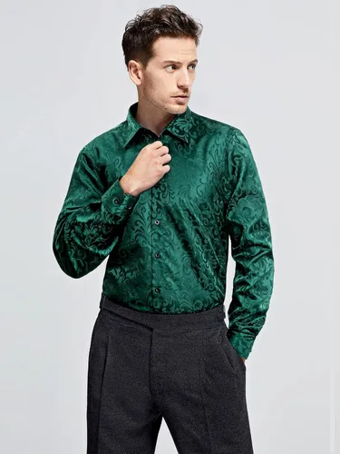 Vista 3 de HISDERN Camisas de vestir de satén brillante para hombre, de lujo, floral, jacquard, de manga larga, a la moda, para bodas, fiestas, bailes