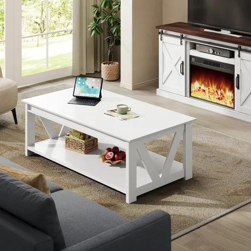 Vista 5 de WLIVE - Mesa de café con estante de almacenamiento, mesa de café granja de 39.4" con soporte en V, mesa de centro rústica de 2 niveles para sala