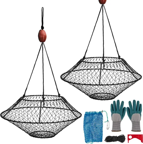 Vista 9 de QualyQualy Crab Ring Trap Hoop Net 1/2-Pack, Heavy Duty Saltwater Crab Nets for Crabbing Lobster, Dungeness and Blue Crabs, Folded Crab Cage Pots