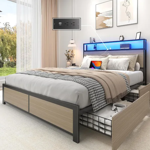 Vista 13 de Lifezone Base de cama Queen con cabecera de almacenamiento de 2 niveles, base de cama de plataforma de metal con 4 cajones de almacenamiento, gris
