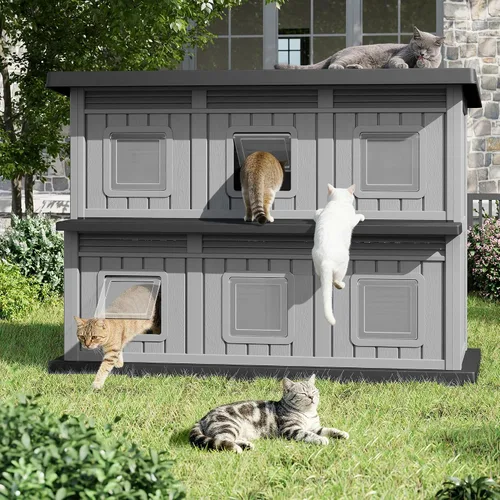Vista 10 de Casa de gato resistente a la intemperie para exteriores, casa para gatos al aire libre para múltiples gatos, refugio de resina de doble piso
