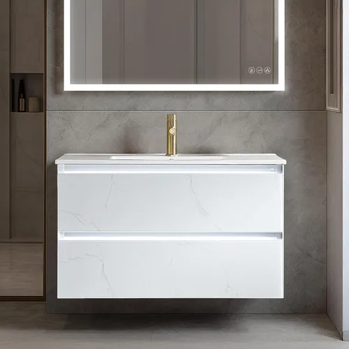 Vista 23 de Blossom Tocador de baño LED de 24 pulgadas – Tocador flotante montado en la pared con luces – 100% impermeable PVC de grado marino – Moderno