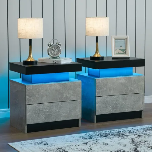 Vista 17 de Juego de 2 mesitas de noche LED negras, juego de 2 mesitas de noche modernas con 2 cajones, mesa auxiliar con luces LED para dormitorio, sala