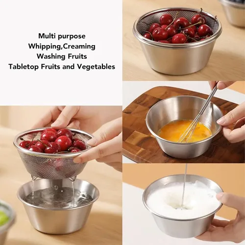Vista 3 de Stainless Steel Colander, 16cm Portable Rice Washer Strainer Fruit Washing Bowl with Mixing Bowl for for Rice Pasta Spaghetti