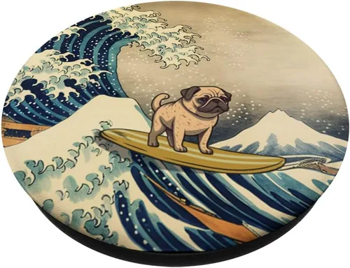 Vista 2 de Surfeando Pug Kanagawa Wave Perro Japonés Divertido PopSockets Intercambiables PopGrip