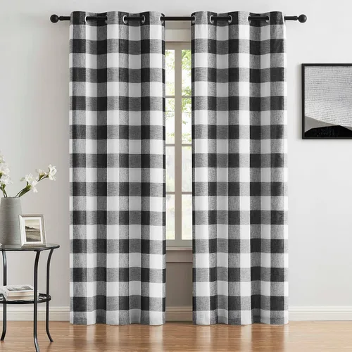 Vista 10 de Cortinas cortas de lino texturizado con diseño de búfalo blanco y negro a cuadros, 100% opacas con forro, paneles de estilo granja