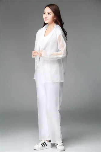 Vista 4 de Freesmily Chubasquero reutilizable transparente para mujeres y hombres, impermeable, traje de lluvia, conjunto de pantalones con capucha
