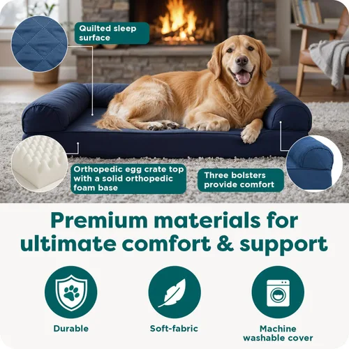 Vista 5 de Furhaven - Cama ortopédica para perros, estilo sofá, acolchada, con funda extraíble y lavable, marrón tostado, tamaño jumbo (XL)