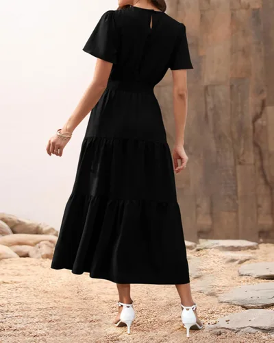 Vista 5 de PRETTYGARDEN - Vestido largo casual de verano para mujer, manga corta, con vuelo, cuello redondo, cintura fruncida, escalonado, bohemio, floral