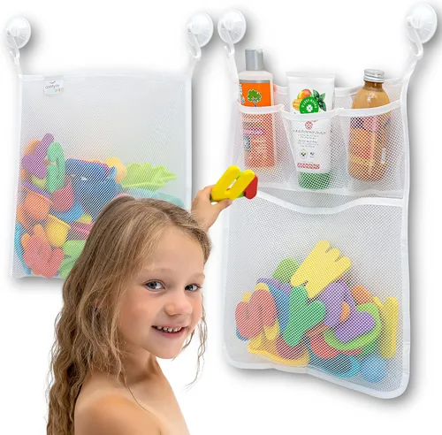 Vista 7 de 2 x Mesh, Organizador de juguetes para baño + 6 ganchos fuertes, bolsas de red perfecta para juguetes para la tina, Estas bolsas organizadoras