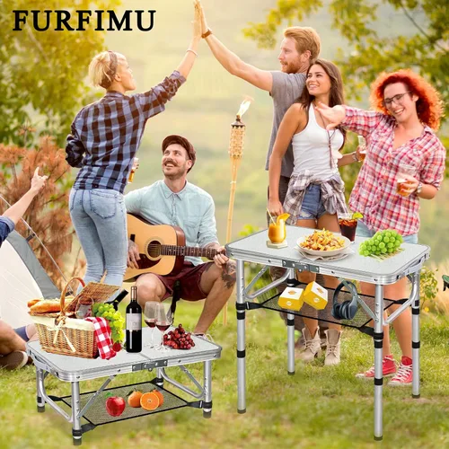 Vista 8 de Mesa plegable pequeña con red de almacenamiento, mesa de campamento plegable portátil de 24 x 16 pulgadas con 3 alturas ajustables, mesa de metal