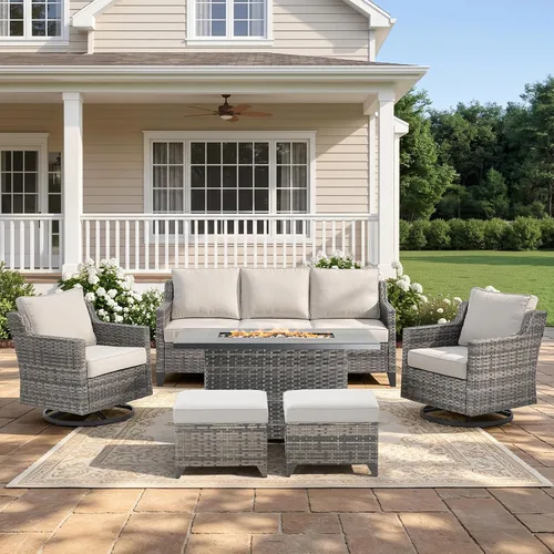 Vista 39 de Belord Sofá de patio exterior acolchado de 3 asientos de lujo de 6 pulgadas Cojín de mimbre marrón/beige de 6 pulgadas