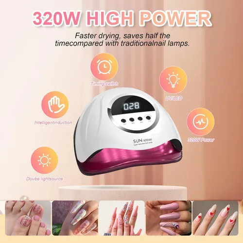 Vista 2 de Lámpara de uñas LED UV de 320 W, secador de uñas profesional con 72 cuentas, luz UV para uñas con 4 ajustes de temporizador, secador LED de gel