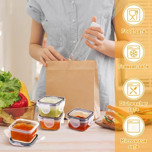 Vista 4 de Mimorou 20 recipientes de aderezo para ensaladas, recipientes pequeños de plástico reutilizables de 2 onzas con tapa, almacenamiento de alimentos a