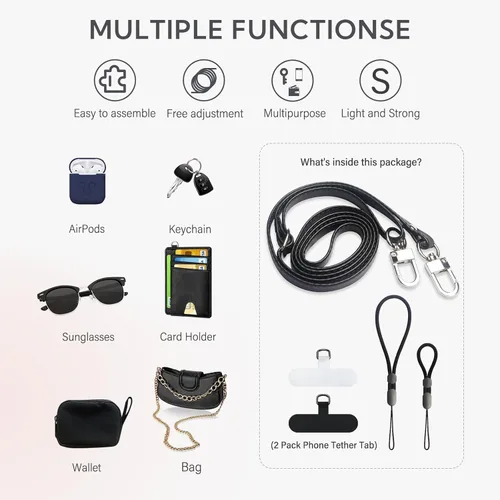 Vista 5 de Correa cruzada para teléfono con 2 almohadillas, cuero y correa de dedo ajustable, compatible con la mayoría de teléfonos inteligentes (negro)