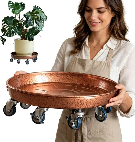 Vista 9 de Organizador de macetas con ruedas (capacidad de 430 libras), soporte de metal resistente con ruedas de freno, bandeja para plantas para interiores