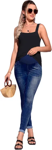 Vista 5 de Floerns Pantalones de mezclilla de maternidad de cintura alta con dobladillo rasgado, con bolsillo para mujer