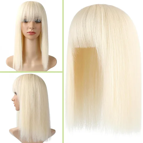 Vista 2 de FELENDY Toppers para el cabello para mujer, rubio decolorado, con clip, 14 pulgadas, esponjoso, pelo con flequillo falso