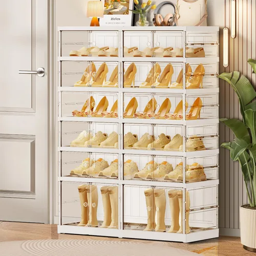 Vista 8 de CIMLORD Estante de zapatos plegable de 3 niveles para armario y entrada, 3-6 pares, cajas de almacenamiento de zapatos apilables transparentes