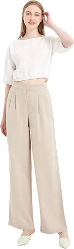 Vista 6 de Pantalones de lino drapeados para mujer, pantalones de pierna ancha de verano, tela compacta con bolsillos