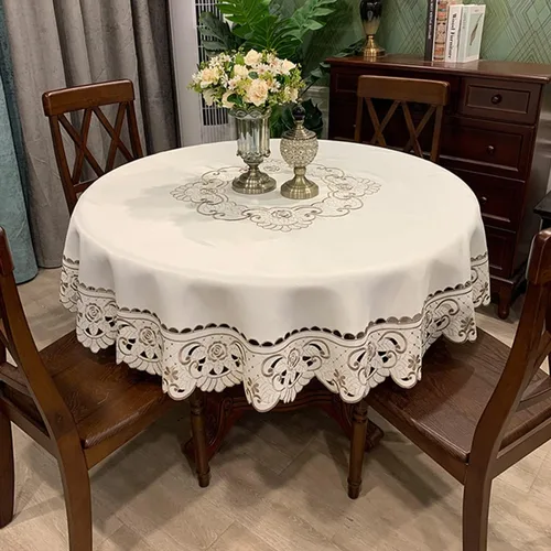 Vista 2 de sandweek Mantel redondo de encaje bordado con flores, sin arrugas y resistente a las manchas, mantel de mesa para cocina y cena